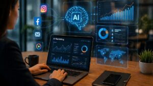 "Digital marketing dashboard displaying AI analytics, social media metrics, SEO insights, and campaign performance data."