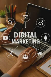 Digital marketing concept with laptop, smartphone, and online marketing icons