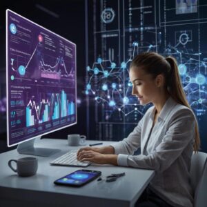 "Digital marketing expert using AI technology to monitor SEO performance, marketing analytics, and online campaign results."